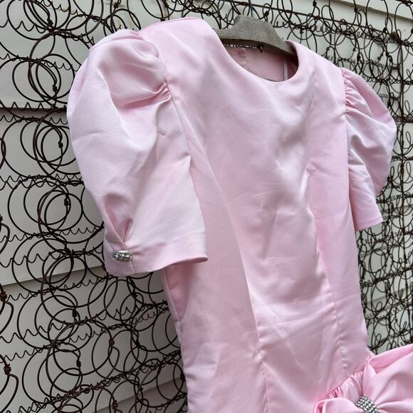 Vintage 80s Betsy & Adam Bubblegum Pink Drop Waist Puff Sleeve Ruffle Prom Dress - Picture 7 of 9